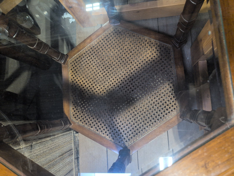 Small Hexagonal Glass Top Side Table with Cane/Rattan Shelf