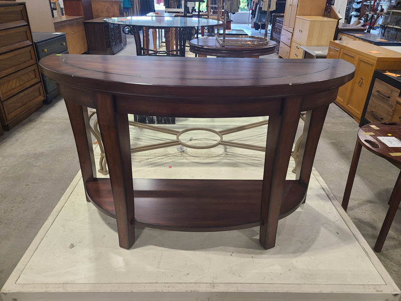 Dark Cherry Wood Half-Moon Console Table with Lower Storage Shelf