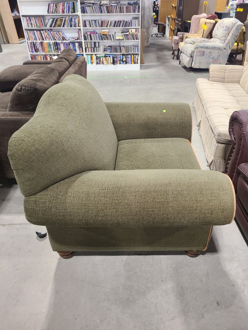 Overstuffed Olive Green Upholstered Armchair with Tan Piping
