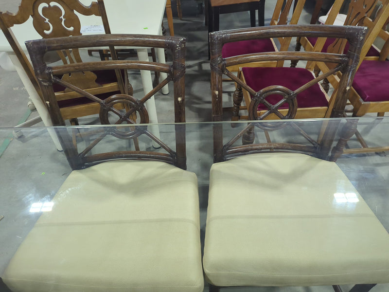 McGuire Bamboo + Raw Hide Chairs with Geometric Base Glass Table