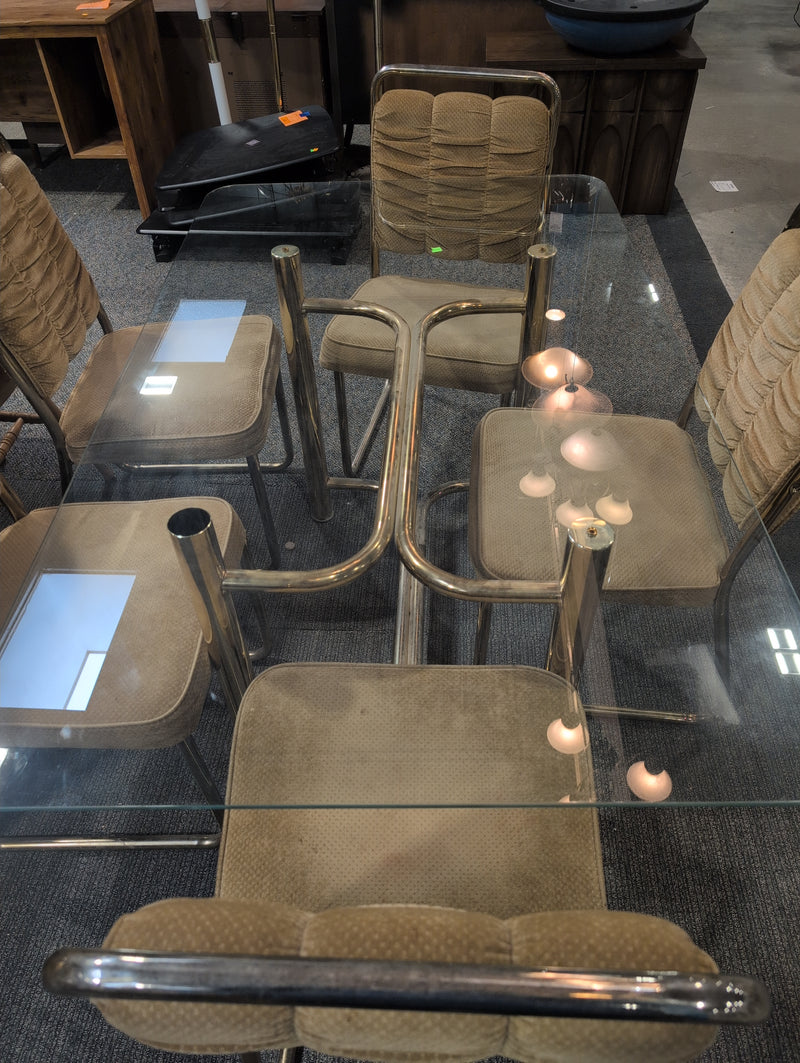 MCM Glass Top Table with Brass Base with Champagne Cushioned Chairs