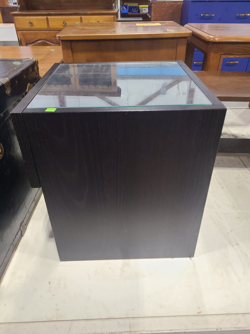 Modern Black Glass-Top End Table Nightstand with Open Cubby