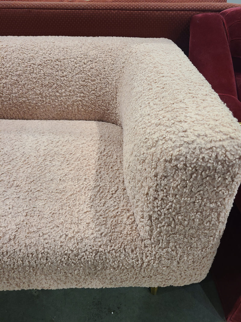 Modern Blush Pink Bouclé 3-Seater Sofa with Brass Peg Legs