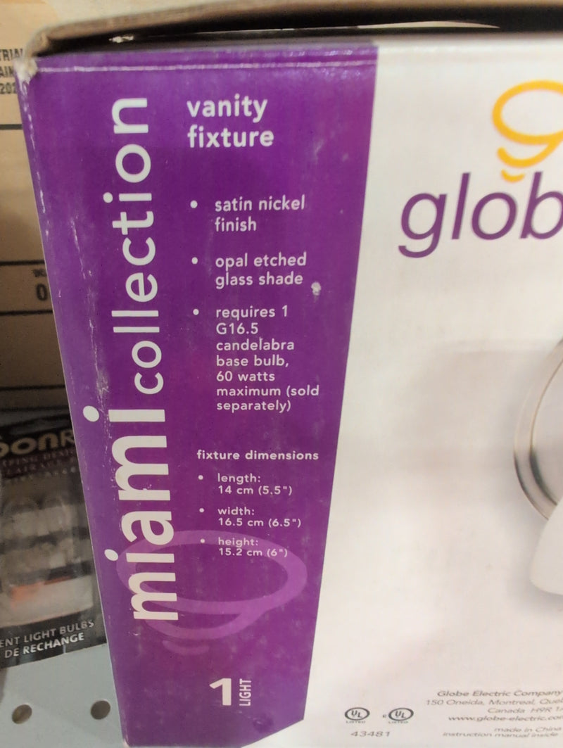 Globe Miami Collection Single Vanity Light with Satin Nickel Finish and Opal Etched Glass Shade