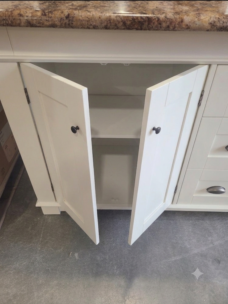 Off-White Bathroom Vanity Cabinet with Laminate Countertop, Round Stainless Steel Sink & Faucet