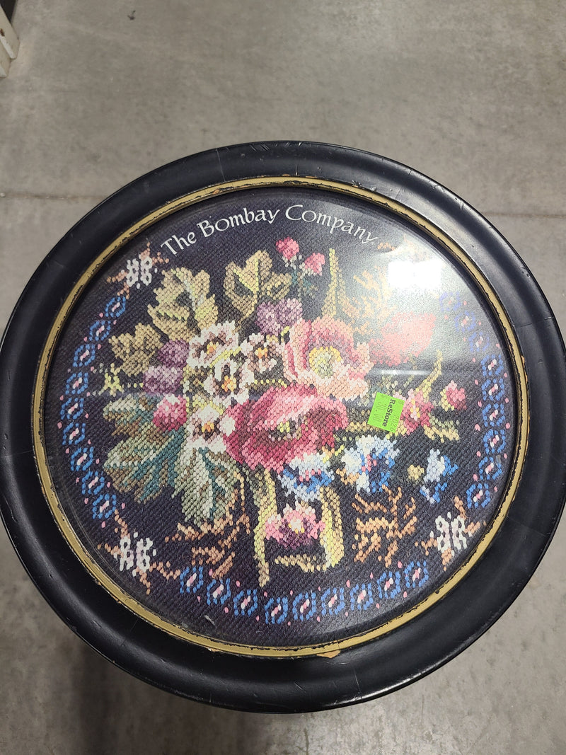 Vintage The Bombay Company Floral Needlepoint Glass-Top Pedestal Side Table