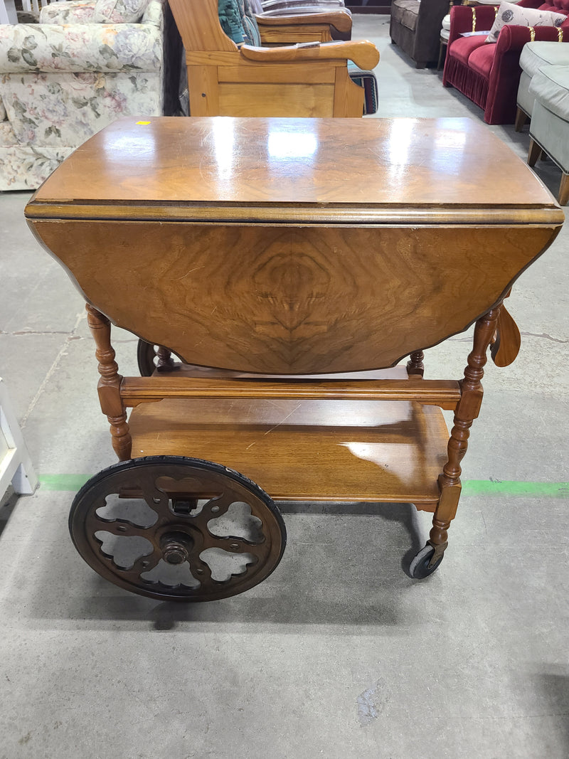 Vintage Drop-Leaf Wood Tea & Bar Cart with Spoke Wheels