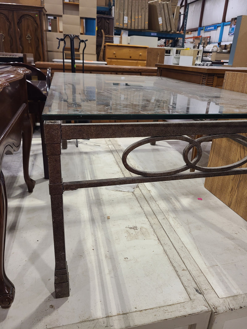Metal Frame Coffee Table with Glass Top & Interlocking Ring Accent