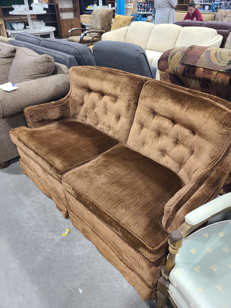 Vintage Tufted Brown Velour Skirted Loveseat
