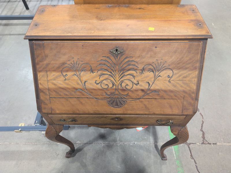 Vintage Carved Secretaries Desk with Lock and Key