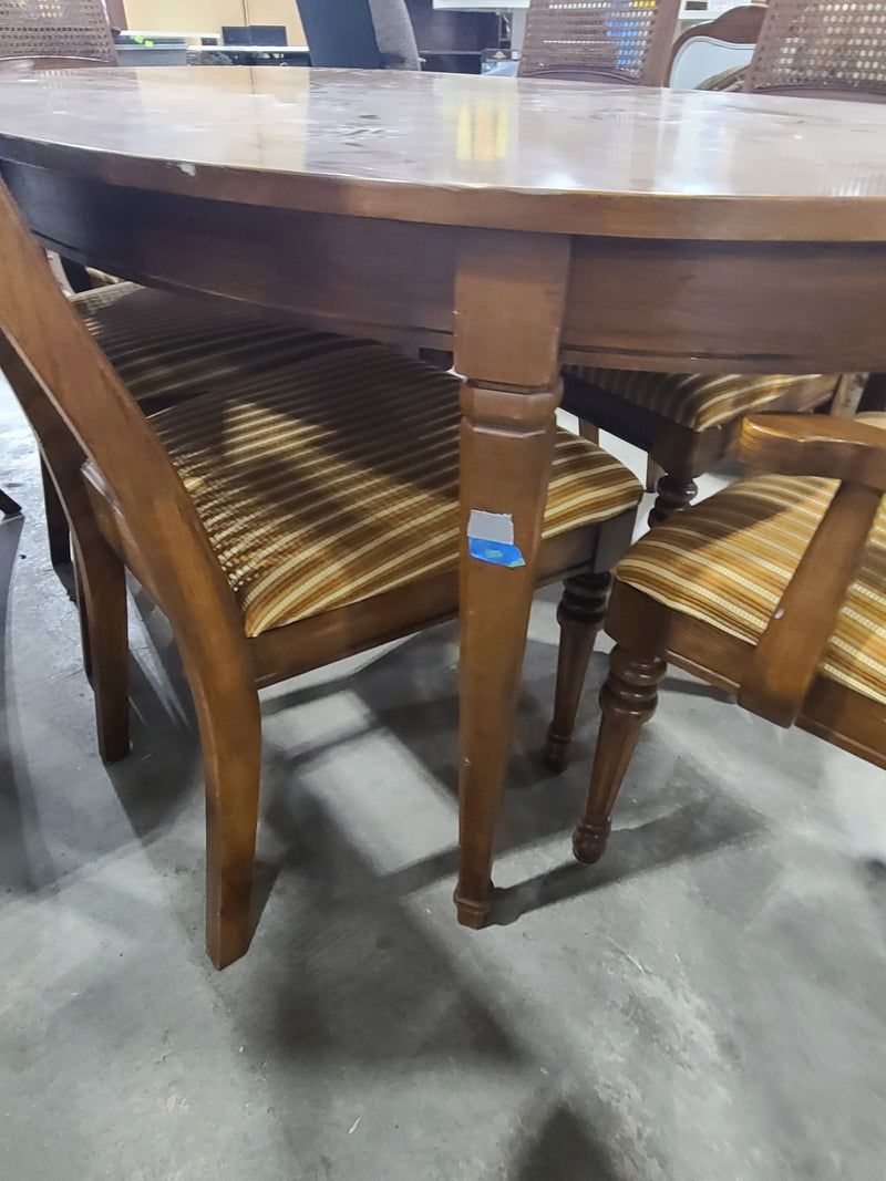 Vintage Oval Wood Dining Table & 6 Rattan Back Chairs Set