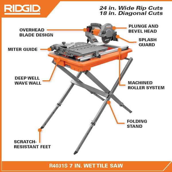 RIDGED 9 Amp 7 Inch Portable Wet Tile Saw with Stand