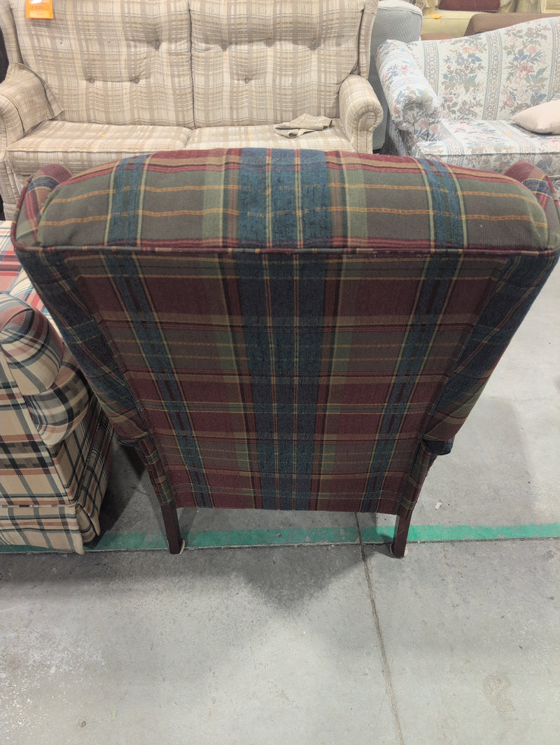 Red, Green, and Blue Plaid Upholstered Armchair