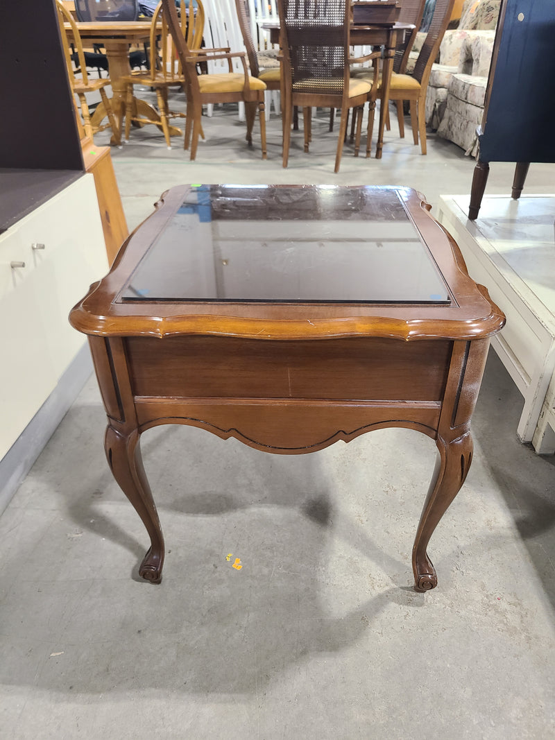 Vintage French Provincial Wood End Table with Glass Top & Drawer