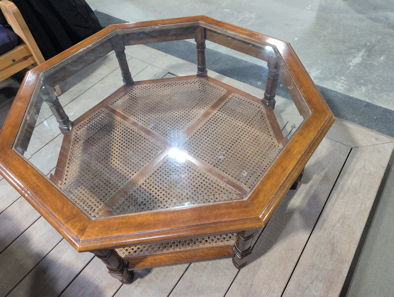 Large Octagonal Glass Top Coffee Table with Cane/Rattan Shelf
