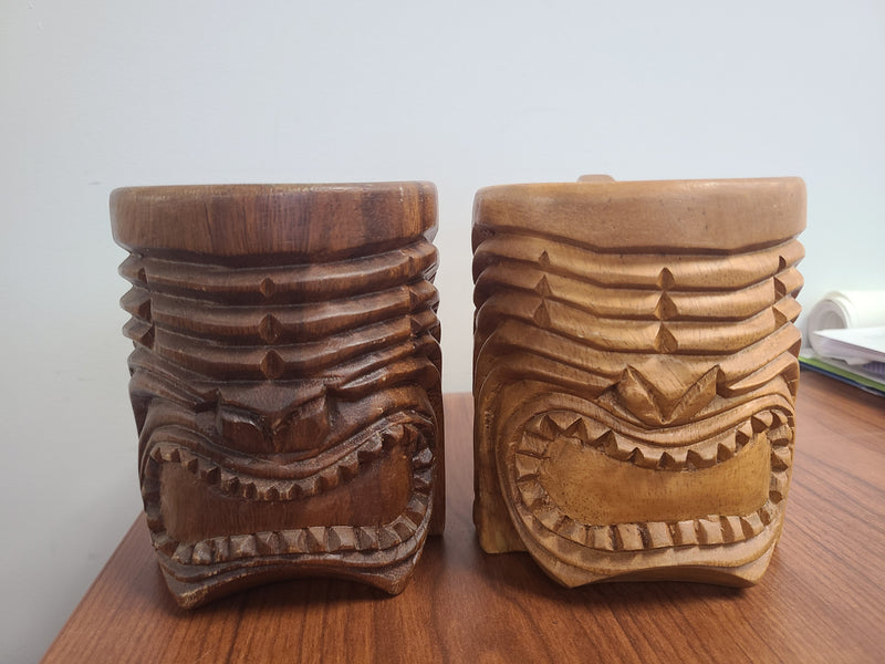 Vintage Hand-Carved Wooden Tiki Pair Mug Set