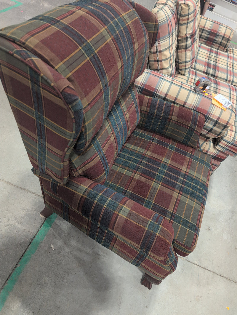 Red, Green, and Blue Plaid Upholstered Armchair