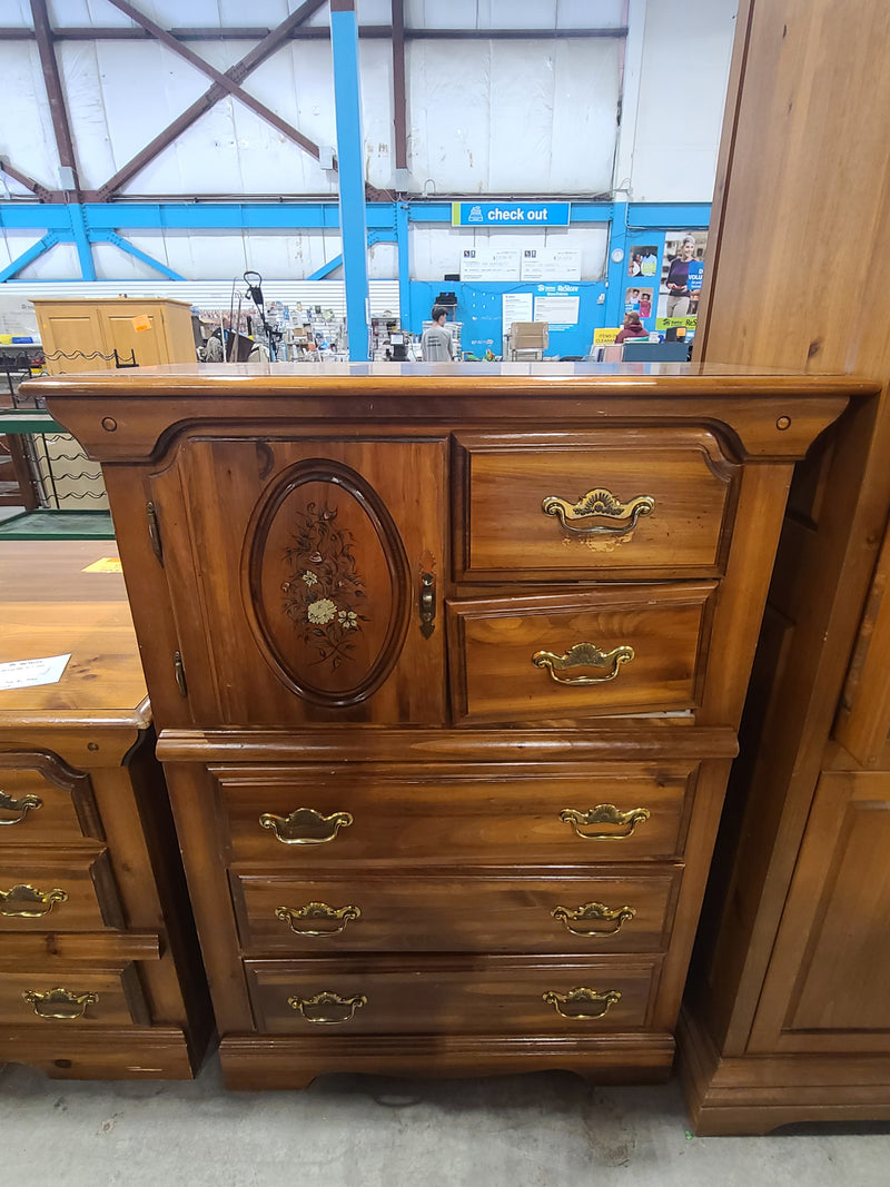 Vintage Floral-Inlaid Wood Armoire Chest of Drawers – Warm Honey Finish