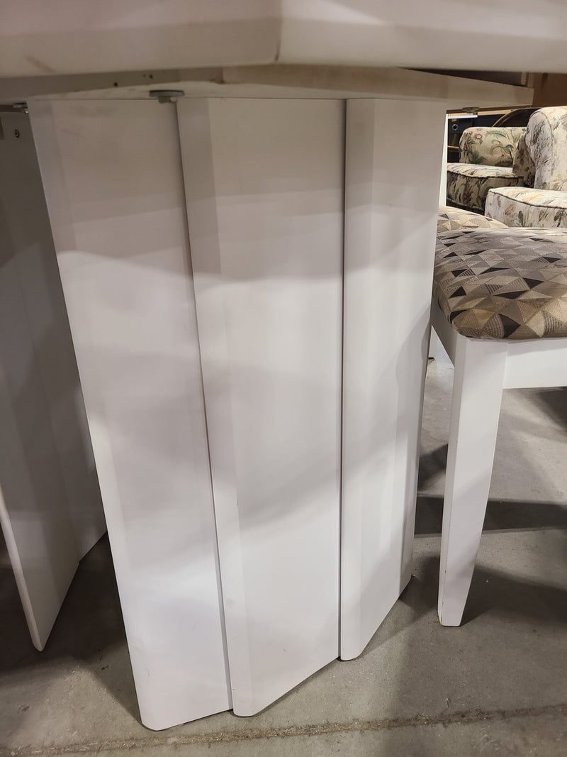 White Extension Pedestal Dining Table with 6 Upholstered Chairs