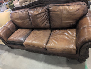 Leather Sofa with Ornate Wooden Framing