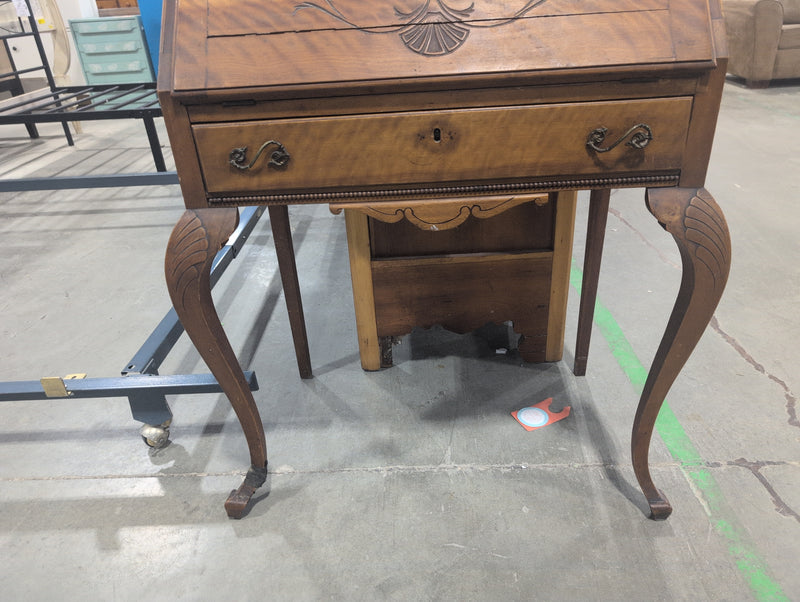 Vintage Carved Secretaries Desk with Lock and Key