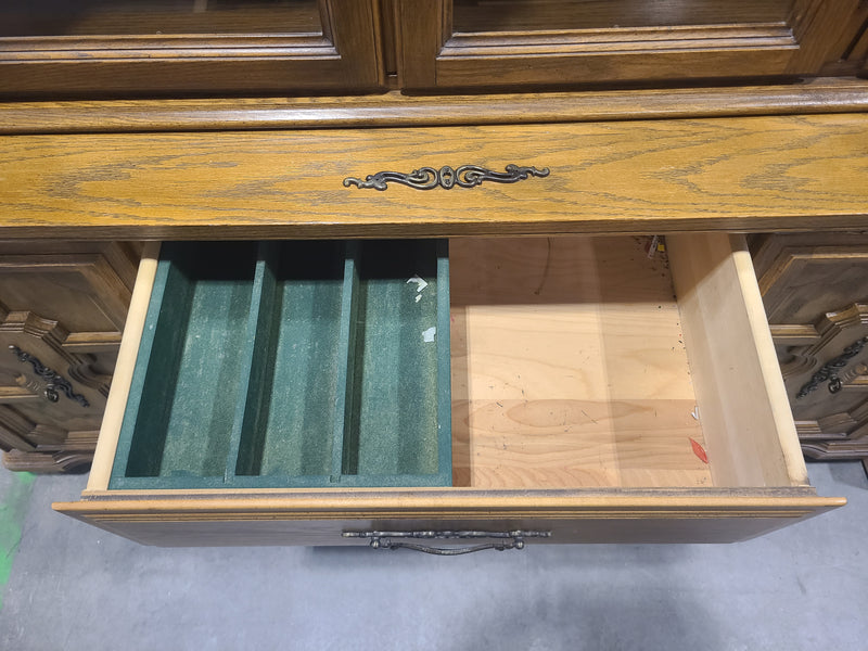 Vintage Oak Large Two-Piece China Cabinet & Buffet Credenza