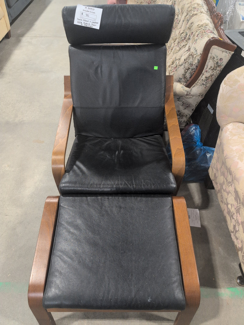 Dark Wood and Leather IKEA Poang Chair with Matching Ottoman