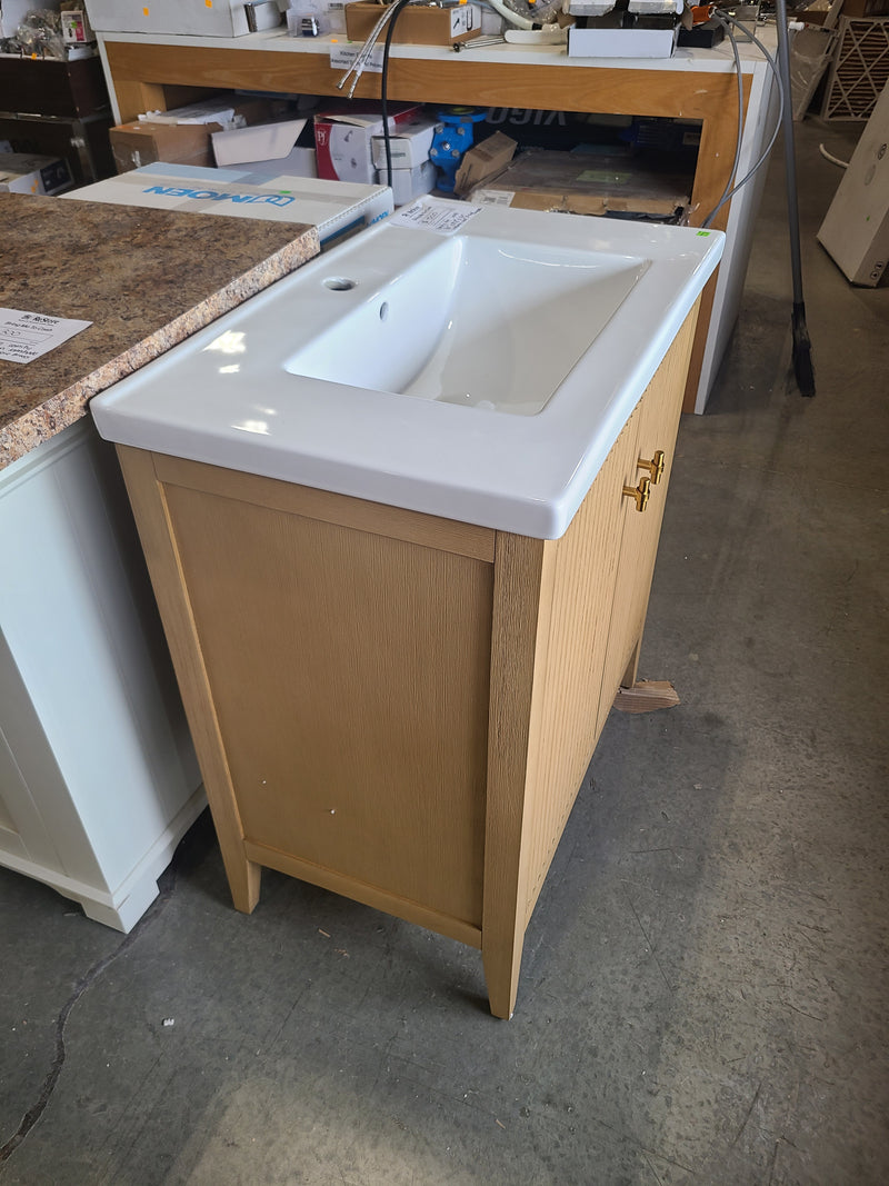 30" Fluted Light Oak Bathroom Vanity with Integrated Ceramic Sink Top