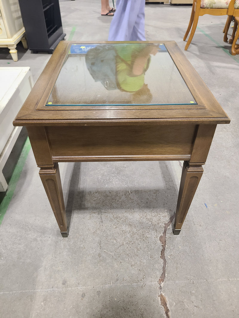 Vintage Traditional Glass-Top Wooden End Table with Storage Drawer
