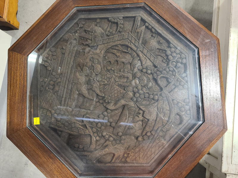 Vintage Hand-Carved Asian Wooden Octagonal Side Table with Glass Top