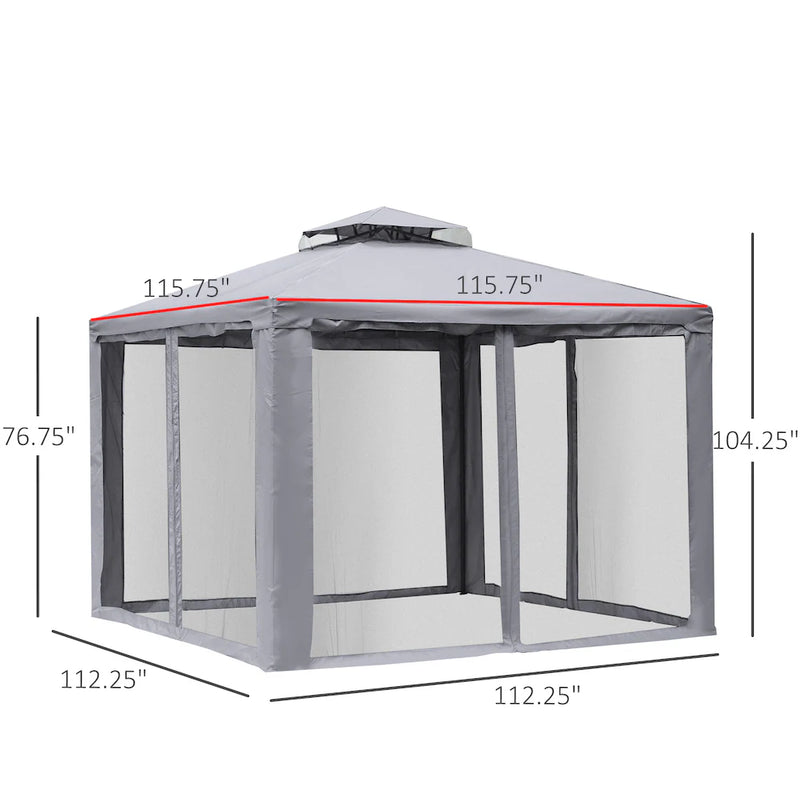 Outsunny 9.6' Outdoor Patio Gazebo Pavilion Canopy Tent with Mesh Sidewalls in Grey