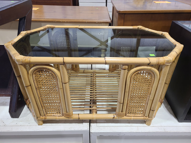 Vintage Bamboo & Rattan Glass-Top Coffee Table with Cane Webbing