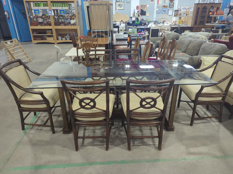 McGuire Bamboo + Raw Hide Chairs with Geometric Base Glass Table