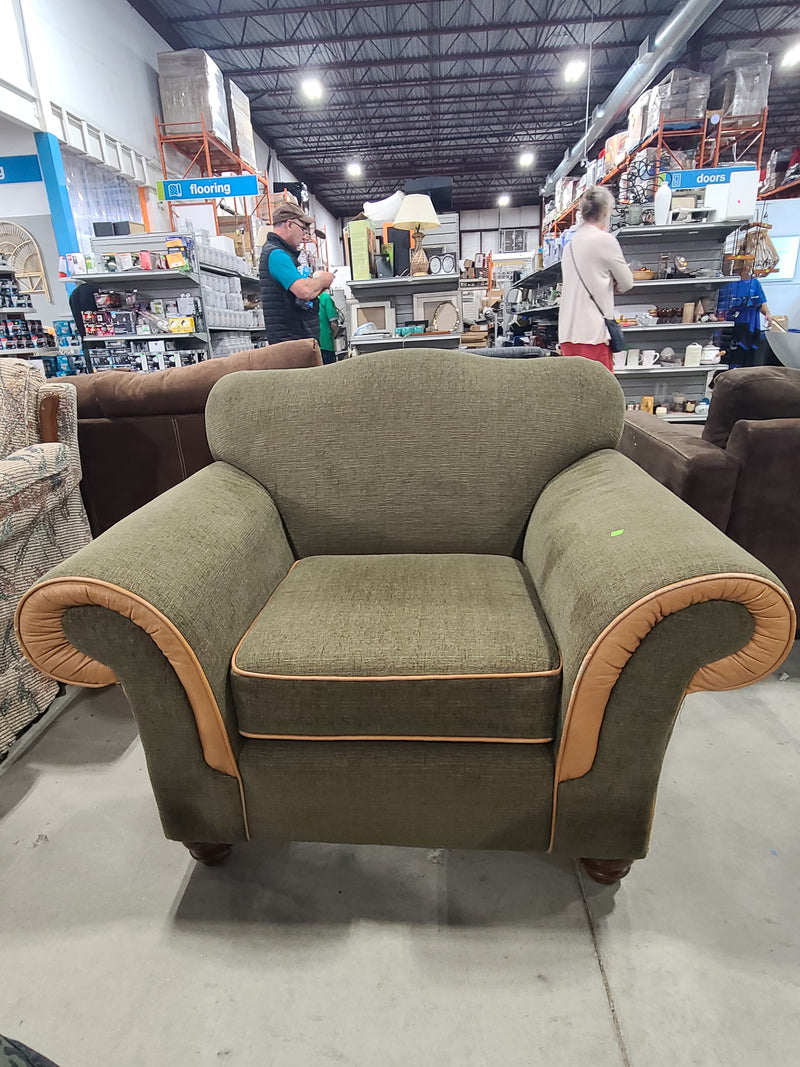 Overstuffed Olive Green Upholstered Armchair with Tan Piping