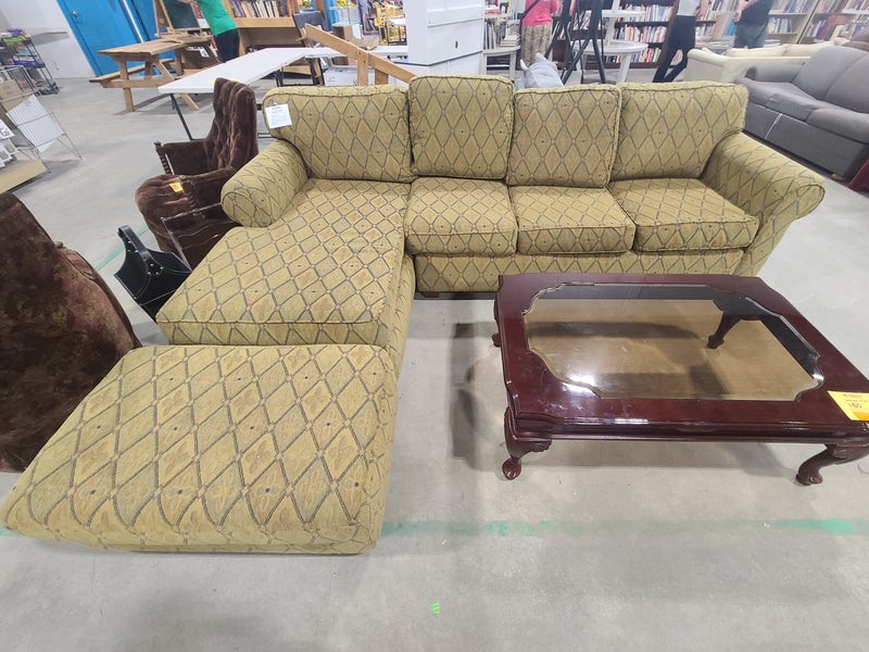 Classic Yellow & Olive Diamond-Patterned Sectional Sofa with Matching Ottoman