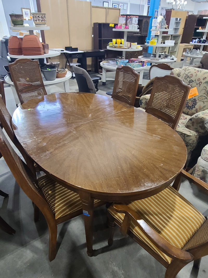 Vintage Oval Wood Dining Table & 6 Rattan Back Chairs Set
