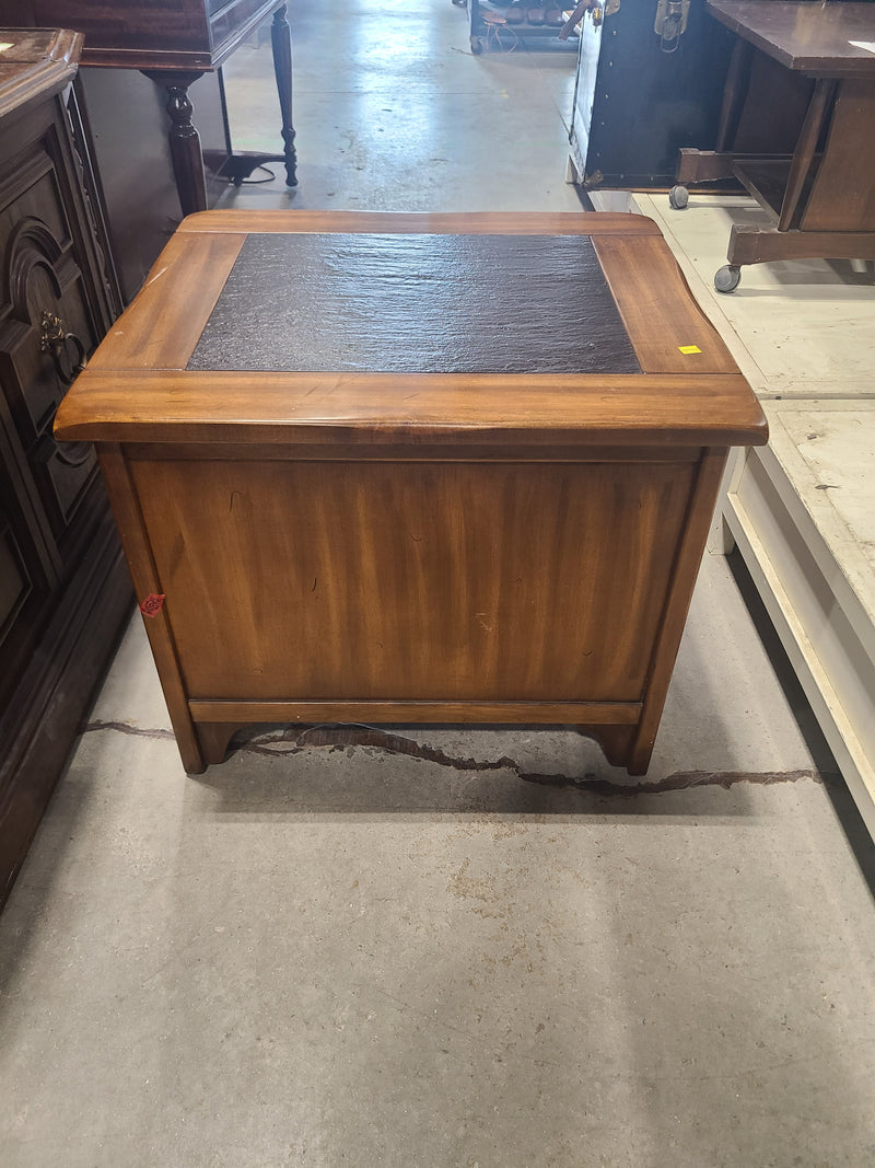 Rustic Wooden End Table Cabinet with Slate Top Inlay