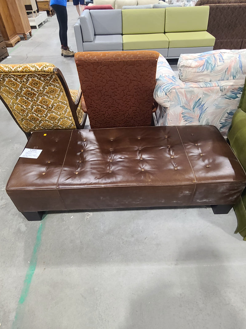Tufted Brown Leather Rectangular Ottoman Bench