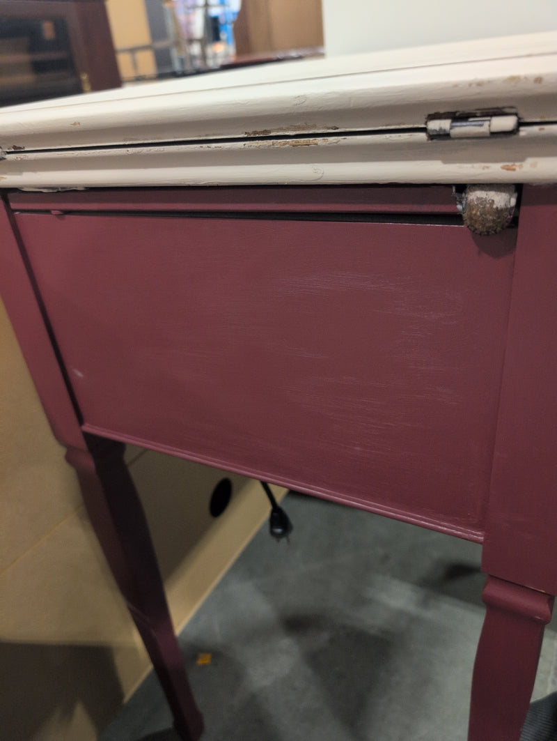 Plum and Taupe Sewing Desk with Sewing Machine and Matching Stool