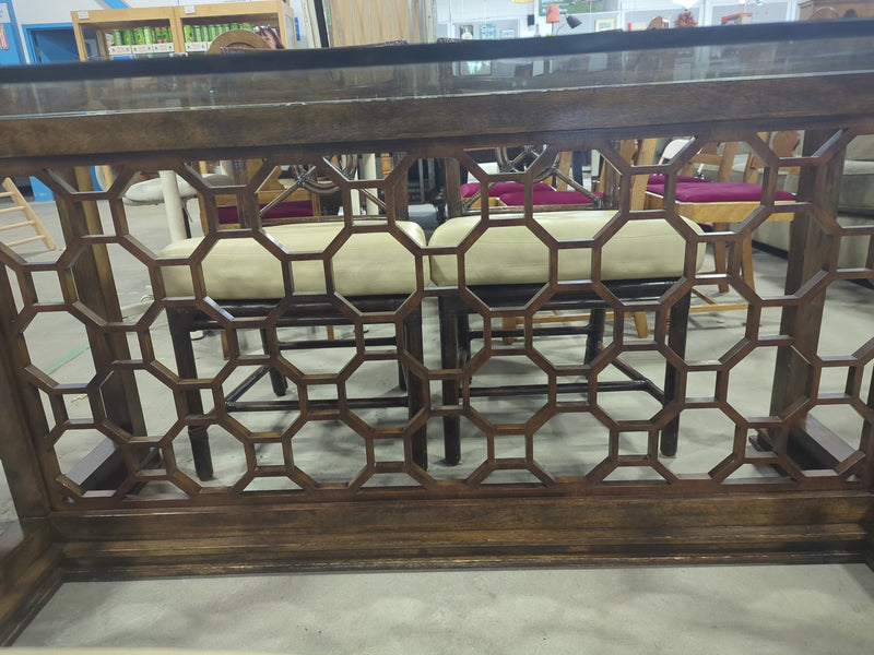 McGuire Bamboo + Raw Hide Chairs with Geometric Base Glass Table