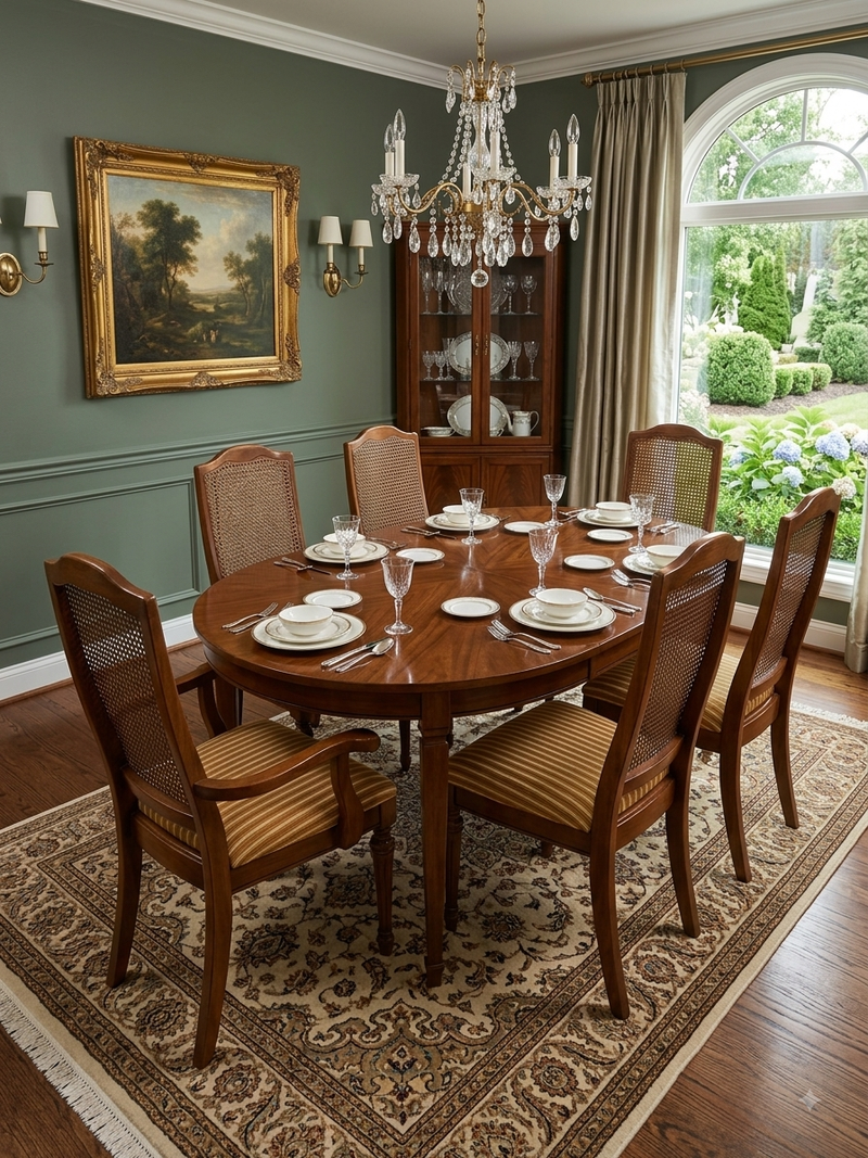 Vintage Oval Wood Dining Table & 6 Rattan Back Chairs Set