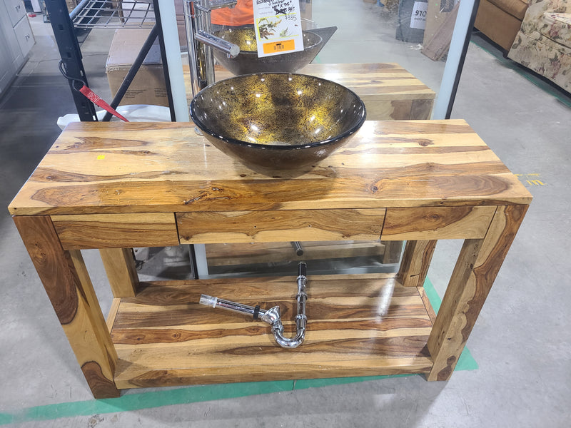 Solid Sheesham Wood Single Bathroom Vanity Set with Glass Vessel Sink