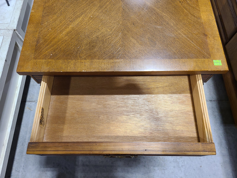 Vintage Broyhill Parquet Top Wood End Table with Drawer & Storage Shelf