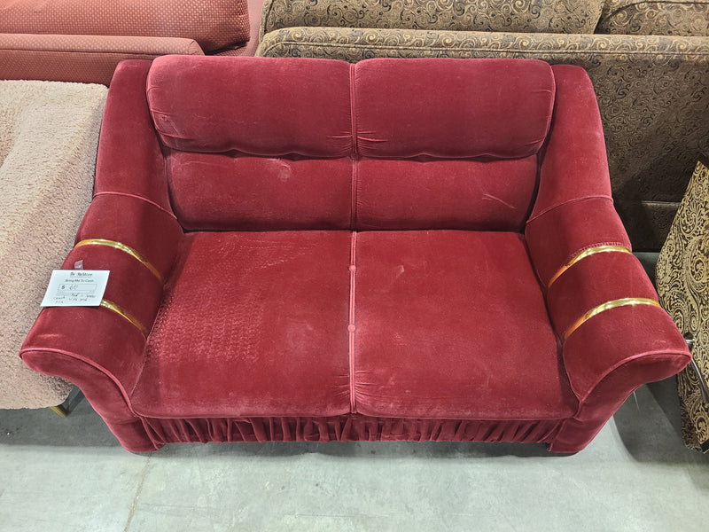 Amazing Condition Vintage Red Velvet 2-Seater Loveseat with Metallic Gold Arm Accents