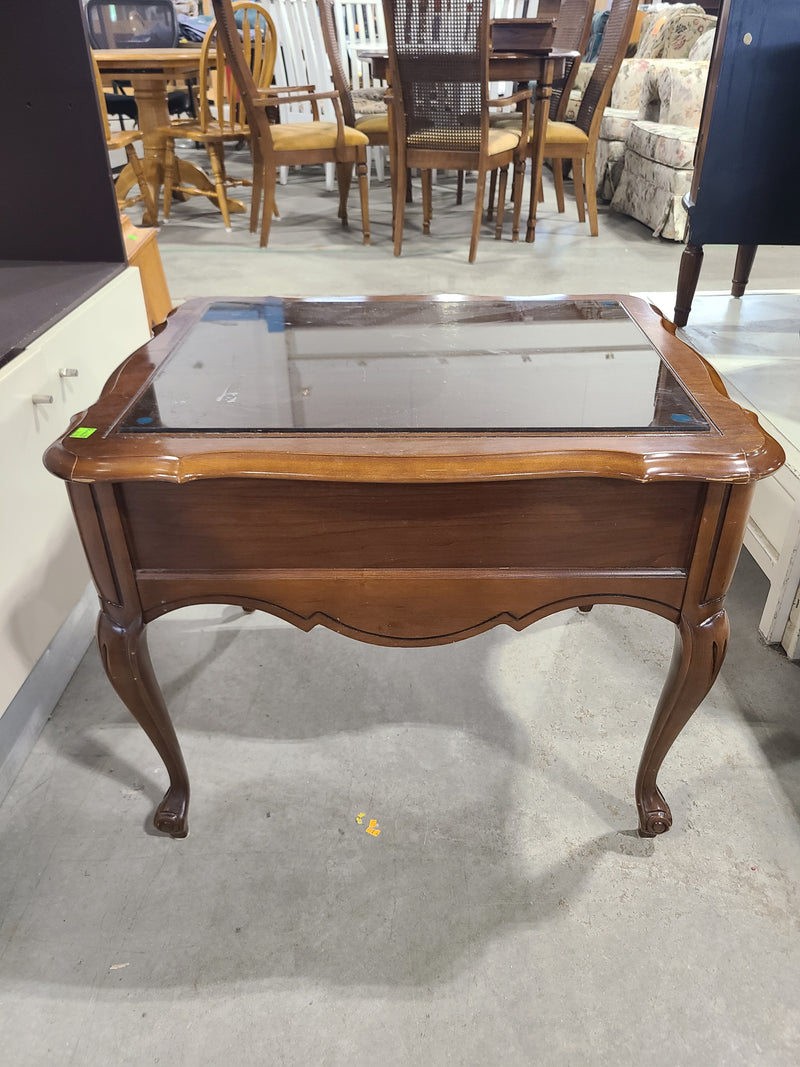 Vintage French Provincial Wood End Table with Glass Top & Drawer