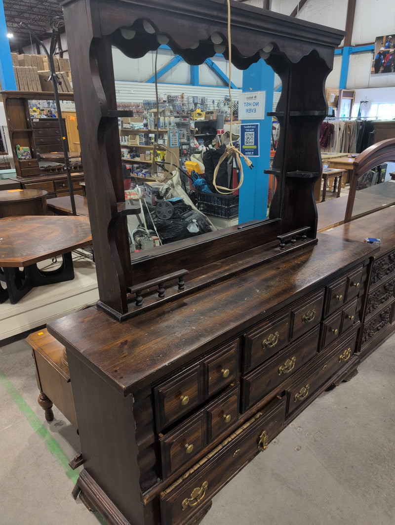 Eight Drawer Dresser with Large Mirrored Hutch and Lights