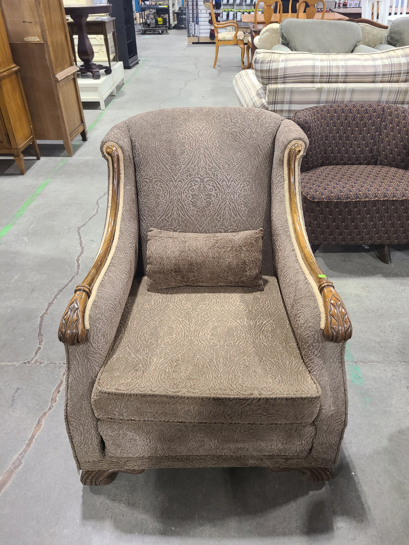 Traditional Brocade Accent Armchair with Carved Wood Trim