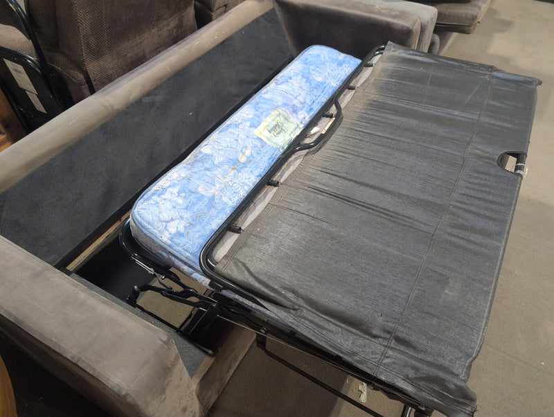 3 Seater Brown Sofa with Blue Pullout Bed with Floral Designs