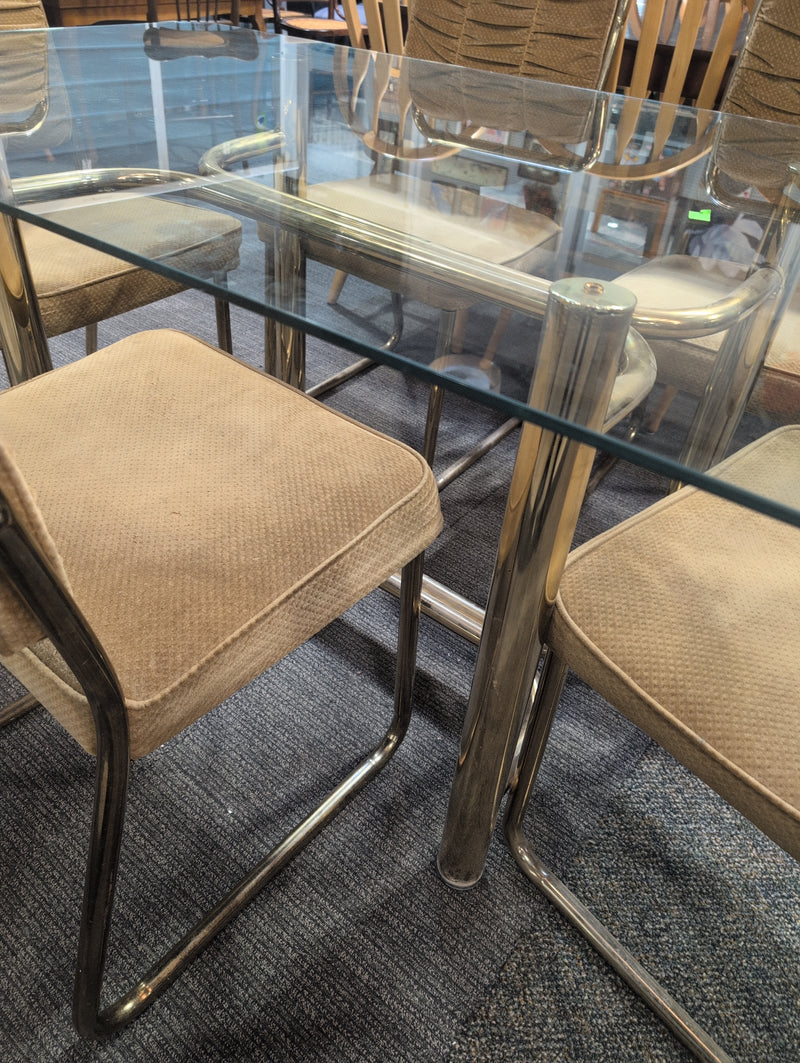 MCM Glass Top Table with Brass Base with Champagne Cushioned Chairs