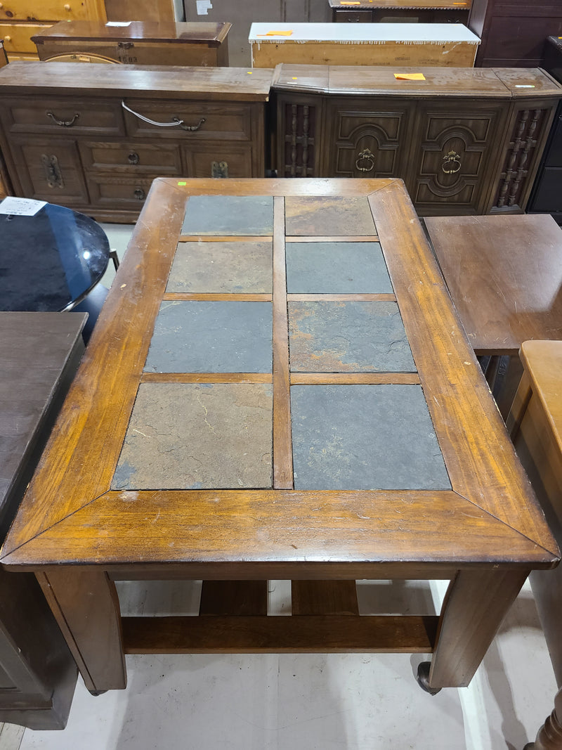Rustic Slate Tile Top Wooden Coffee Table on Casters
